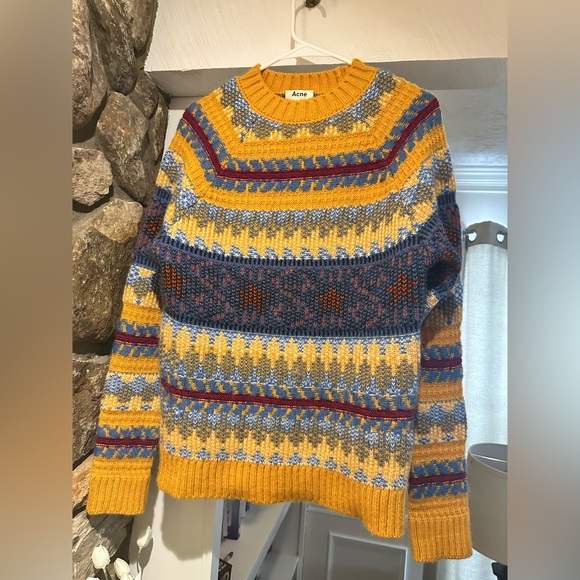 Acne Studios $470 Wool alpaca Yellow Multi-Stripe Jacquard Knit Crewneck Sweater - Picture 9 of 16